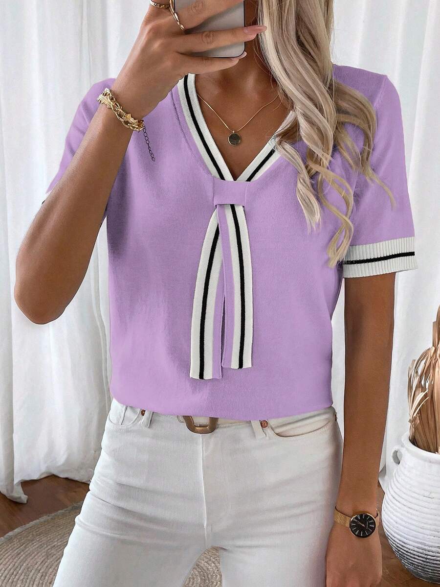 EMERY ROSE Women's Basic Short Sleeve Knit Top For Casual Everyday Wear - Lilac Purple - View 1