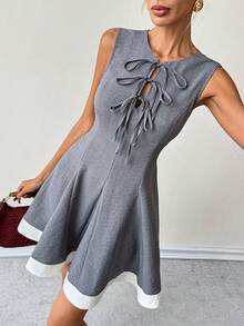 Franclia 女士优雅系腰无袖蝴蝶结连衣裙，夏季 - 灰色 - 查看 8