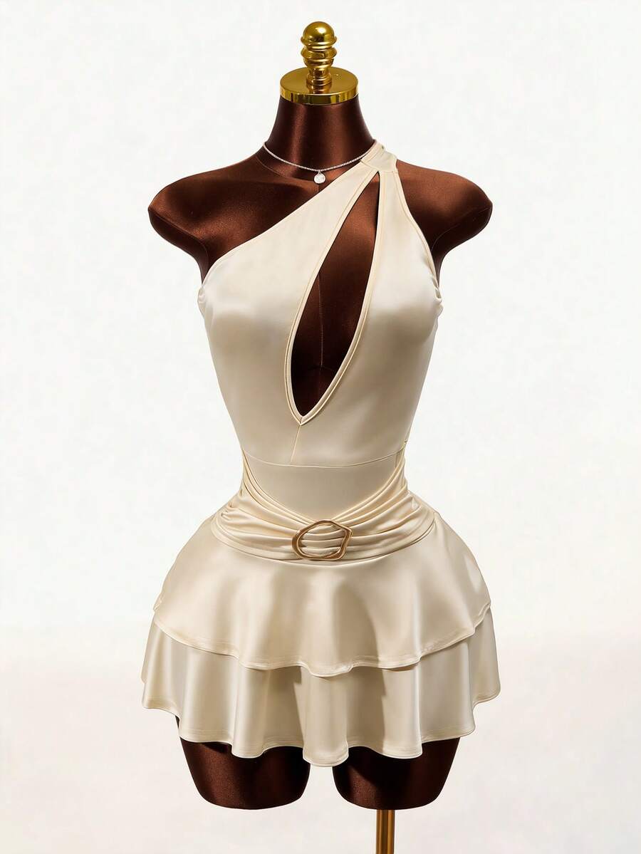 Mistrie French Sensual Style Beige Asymmetrical Shoulder Sleeveless Hollow-Out Bodycon Dress, Sexy Design Halter Neck Ruched Waist Metal Button Ruffle Hem Cake Dress, Suitable For Dates/Parties - Apricot - View 1