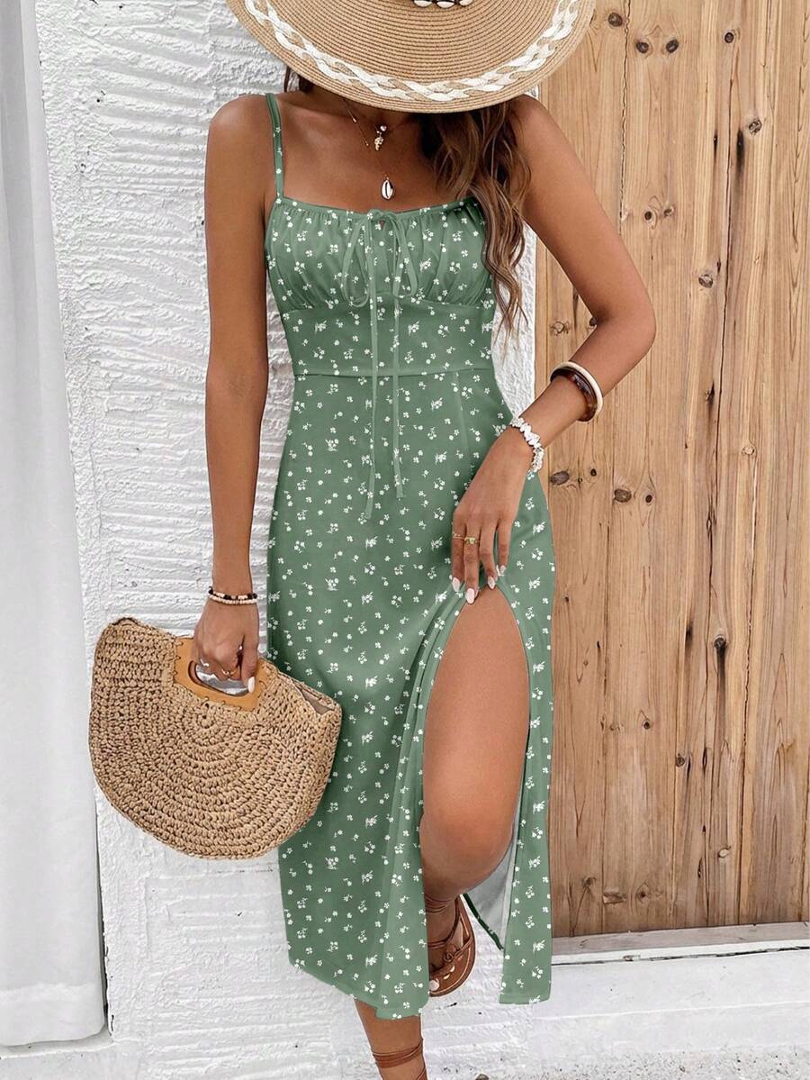 SHEIN Frenchy Casual Minimalist Vacation Bohemian Elegant Romantic Retro Green Ditsy Floral Pattern, Beach Outfit, Vacation Outfit, Women's Summer Outfit, Spaghetti Strap Waist Tie Open Slit Women's Mid-Length Dress - Multicolor - View 1