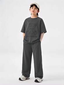 Coolane Kids Bộ đồ 2 món cho thiếu niên mùa xuân/hè: Áo thun tay ngắn cổ tròn vai rớt rộng và quần dài ống đứng có dây rút ở eo. - Nhiều màu - Xem 7