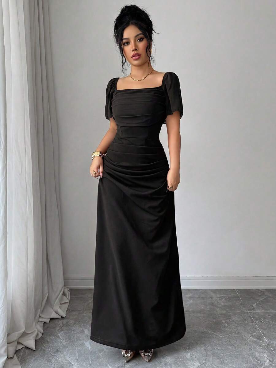 SHEIN Elenzya 方领收腰优雅浪漫精致女式连衣裙,短袖 - 黑色 - 查看 1