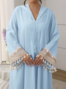 SHEIN Najma Đầm kiểu Ả Rập dành cho nữ, có mũ trùm đầu, dây buộc ren, tay áo cánh dơi và tua rua ở gấu đầm. - Màu xanh lam - Xem 3