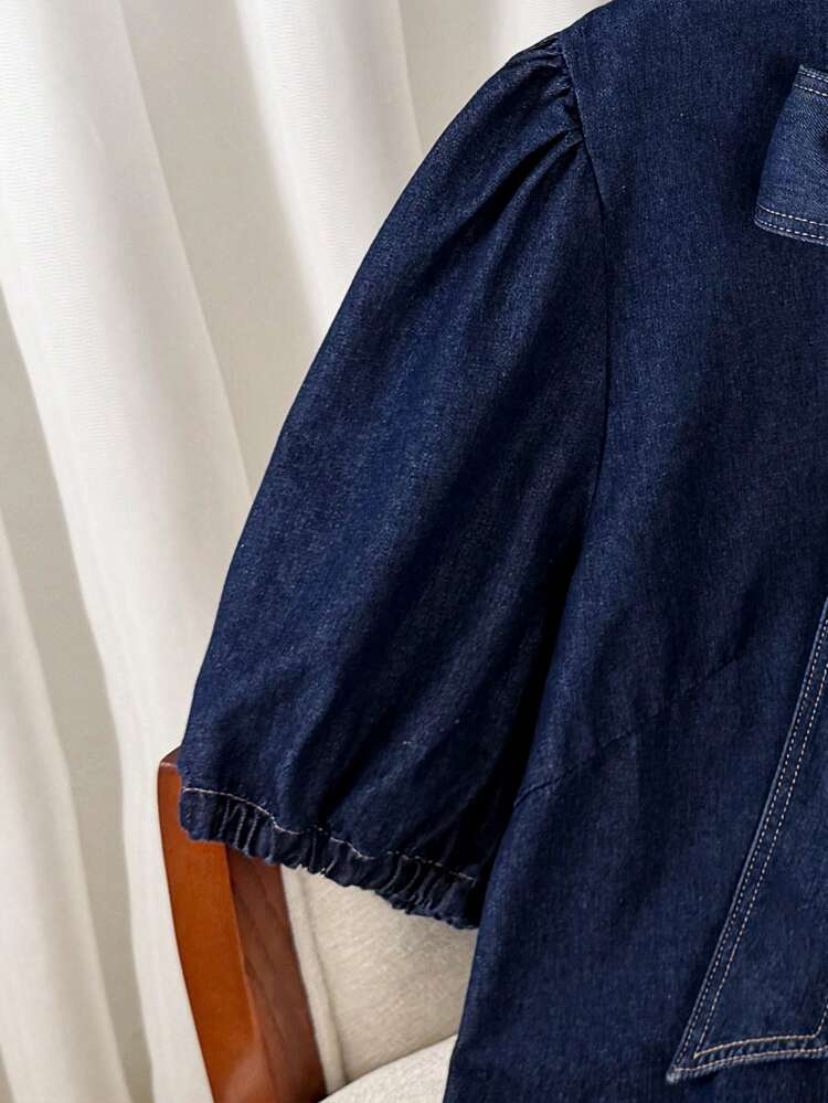SHEIN Frenchy Blusa vaquera de manga corta con lazo en talla grande y unicolor - Azul lavado oscuro - Añade 3