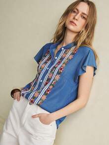 Écloséra 女士休闲日常单排扣短袖衬衫，带贴花 - 藍色 - 查看 5