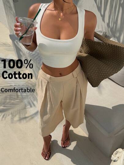 Aloruh 春夏新款休闲高腰褶裥口袋纯色杏色/亚麻色纯棉面料七分裤，优雅风格，适合日常穿着和工作，复古时尚，适合通勤、日常外出，舒适百慕大短裤