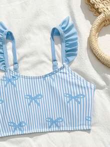 Young Girls 3-Piece Bikini Sets,Cute Blue Vertical Striped Bow Ruffle Mesh Skirt,Summer Beach Holiday Swimming Bathing Suits Toddler Outfits Swimwear - Blue - View 3