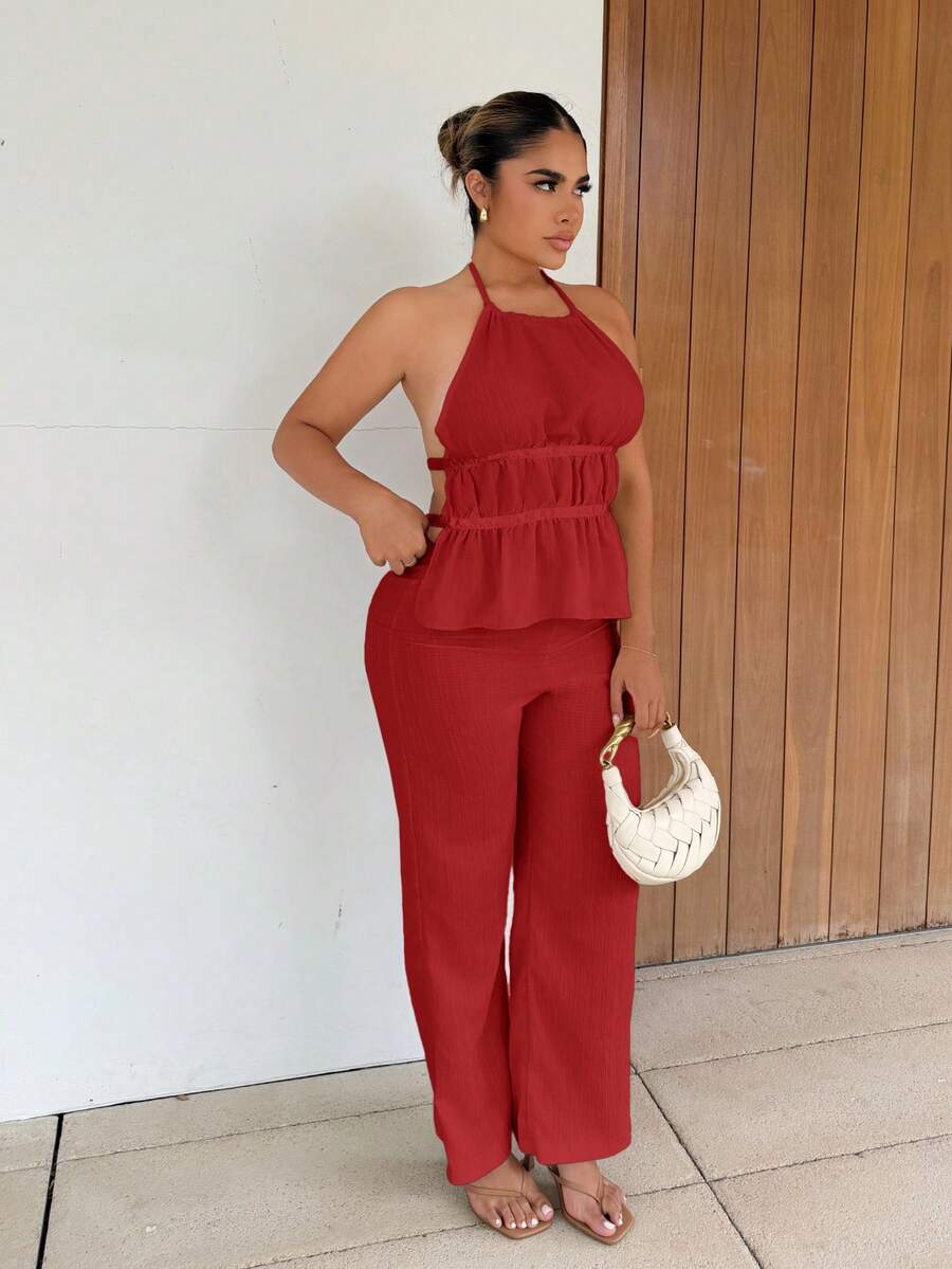 Maria Perezxox Setelan Wanita 2 Potong Gaya Prancis: Atasan Halter Longgar Warna Polos dengan Pinggang Terikat dan Celana Panjang Lebar yang Santai - Merah - View 1