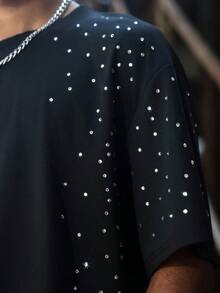 PAVTROS Camiseta casual de hombre con decoración de diamantes, verano - Negro - Ver 5