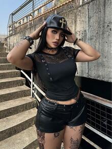 Whyspr Casual Punk Music Festival Coachella Plus Size Punk Eyelet Patchwork Short Sleeve T-Shirt, Spring/Summer - Black - View 3