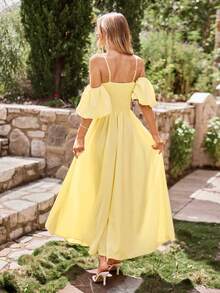 KARISMINA Robe tissée de couleur unie pour femmes, convient pour les vacances de printemps/été - Jaune d'oie - Voir 2
