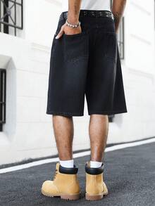 Manfinity EMRG 男士街头时尚奢华通勤折叠设计黑色牛仔短裤 - 黑色 - 查看 7