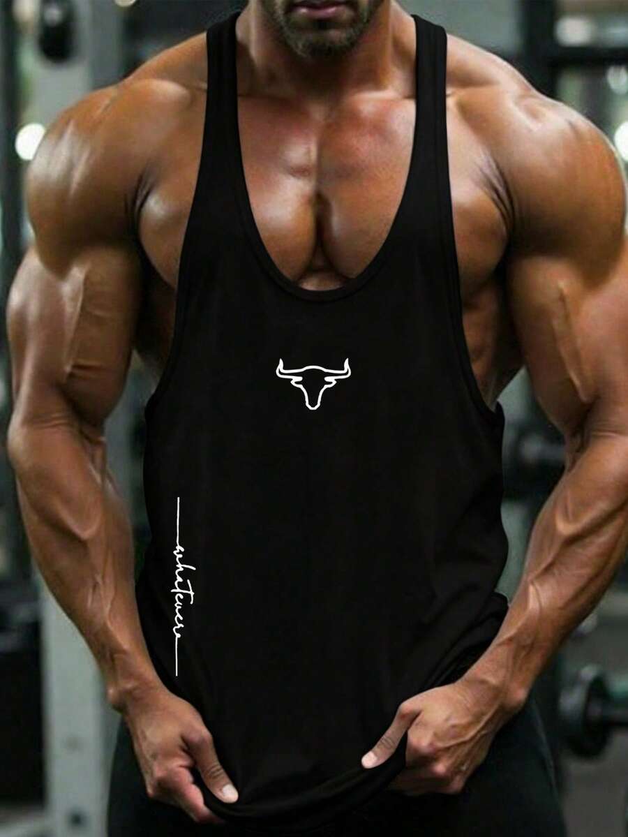 GymBeat 男士休闲运动健身印花背心 - 黑色 - 查看 1