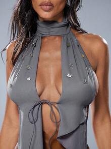 Denimoi Iridescent Button Detail Backless Asymmetrical Halter Top Sexy Tops Vacation Ibiza GNO Club - Grey - View 3