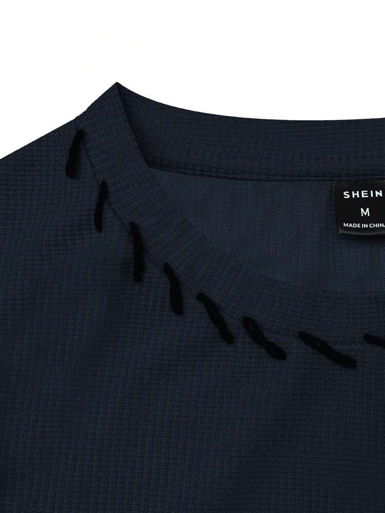 Claim Dot Camiseta holgada de hombre de un solo color con hombros caídos - Azul Marino - Añade 2