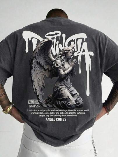 "Ángel Descendente" sudadera holgada con estampado de estatua de ángel de oración | Estilo gótico urbano en algodón puro descolorido y vintage con mangas caídas, diseño de letras gotear y esculturas retro, ideal para looks cotidianos con estilo académico oscuro, subcultura y una sensación de fe audaz