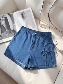 EMERY ROSE Quần short denim dáng rộng có dây rút dành cho nữ cỡ lớn, thích hợp cho mùa xuân/hè. - Rửa trung bình - Xem 2