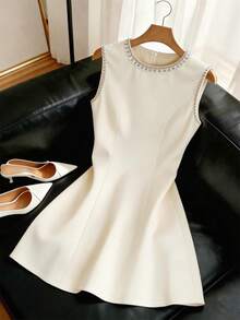 Lyxana Women's Solid Color Vacation Round Neck Beaded Rhinestone Sleeveless Short Dress, Summer - Apricot - View 1