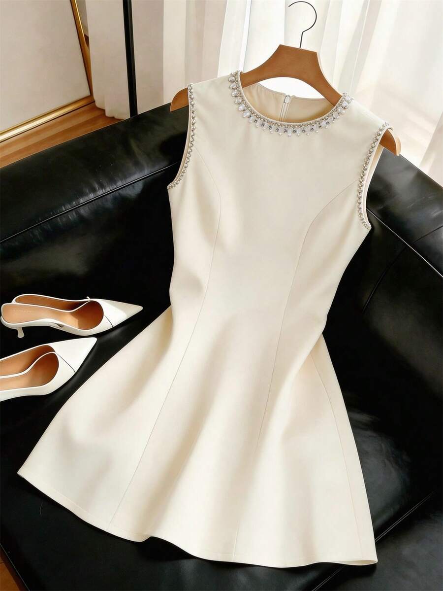 Lyxana Women's Solid Color Vacation Round Neck Beaded Rhinestone Sleeveless Short Dress, Summer - Apricot - View 1