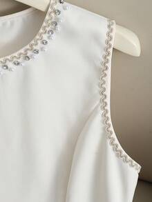 Lyxana Women's Solid Color Vacation Round Neck Beaded Rhinestone Sleeveless Short Dress, Summer - Apricot - View 3