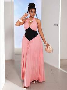 Maweii 大码女士夏季新款V领长裙，粉黑撞色设计，收腰显瘦，褶皱喇叭裙摆，优雅鸡尾酒会礼服，适合晚宴/婚礼/约会 - 彩色 - 查看 6