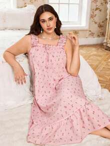 CottageSlumber Plus Size Romantic Ditsy Floral Ruffle Hem Wide Strap Maxi Nightgown - Pink - View 4