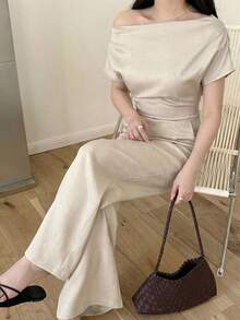 SHEIN 少女T恤套装夏季新款简约优雅日常休闲亚麻通勤宽领露肩上衣和阔腿裤套装 - 杏色 - 查看 1