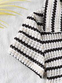 Tween Girl Striped Button Half-Placket Short Sleeve Casual Romper - Black and White - View 5