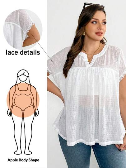 Shapeblank Plus-Size Women's Spring/Summer Fashionable Casual Loose Comfortable Everyday Slimming Textured Fabric Sheer White Short-Sleeved Top,Summer Clothes,Women Blouse,Vacation Outfits,Going Out Tops