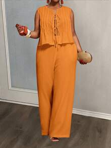 Veslaya Bộ đồ thường ngày thoải mái cho nữ cỡ lớn, gồm áo buộc dây phía trước màu trơn và quần ống rộng. - Màu Mù tạt vàng - Xem 9