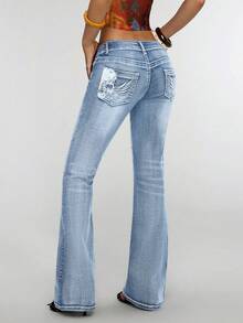 SHEIN Tall Women's Low-Waist Versatile Embroidered Flare Leg Jeans - Light Wash - View 2