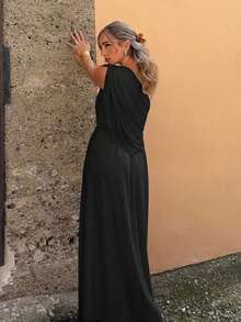 Jeta Ari New Draped Shoulder Ruched Decor Slim Fit Extra Long Flowy Maxi Party Vacation Versatile Lightweight Dress,Black Dresses Classy Elegant,Elegant Dresses For Women - Black - View 2