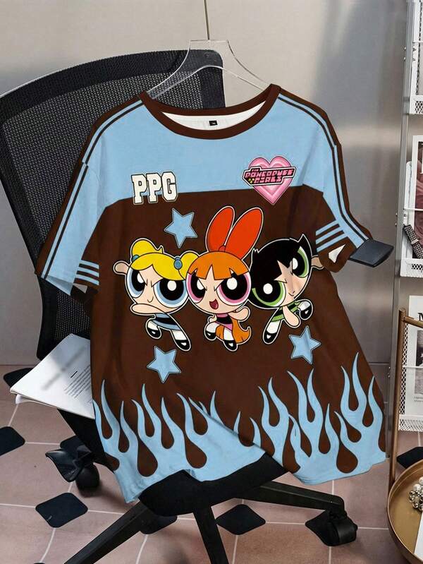 THE POWERPUFF GIRLS X SHEIN Plus Size Summer Casual Contrast Color Cartoon & Flame Print Round Neck Short Sleeve T-Shirt