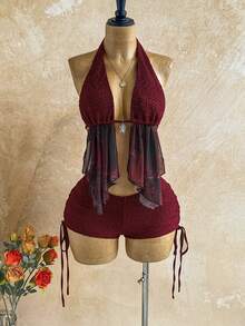 Soleia Set de 2 piezas de top ajustado con escote halter y espalda descubierta con lazo, y shorts con cintura baja y fruncido con cordón, adecuado para fiesta, cita, té de la tarde, carnaval, conjunto de playa sexy y de moda para el verano - Burdeos - Ver 3