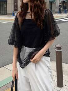 FRIFUL Áo thun nữ màu nâu trơn cổ tròn tay cánh hoa chất liệu lưới xuyên thấu dáng rộng thoải mái, thích hợp mặc ngoài. - màu đen - Xem 4