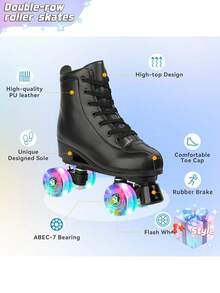 Patines en línea de doble hilera para niños y niñas, patines en línea de cuatro ruedas con cordones y caña alta, adecuados para principiantes. - Negro - Ver 5