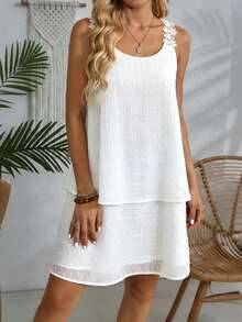 INAWLY 蕾丝拼接雪纺纹理宽松双层下摆女式连衣裙 - 白色 - 查看 3