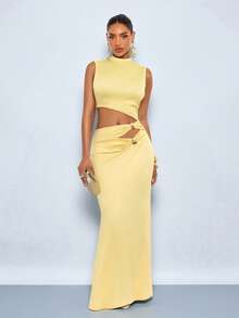 SOLERSUN Women's Elegant Summer Yellow Metal Decorated Sleeveless Bodycon Maxi Dress,Casual Solid Color Party Night Outfit,Vacation Hawaii Wedding Formal Dress - Yellow - View 5