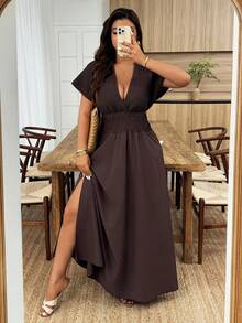 Weeklong Plus Size Women Shirred Sleeveless Drawstring Waist A-Line Casual Dress, Spring/Summer - Coffee Brown - View 1