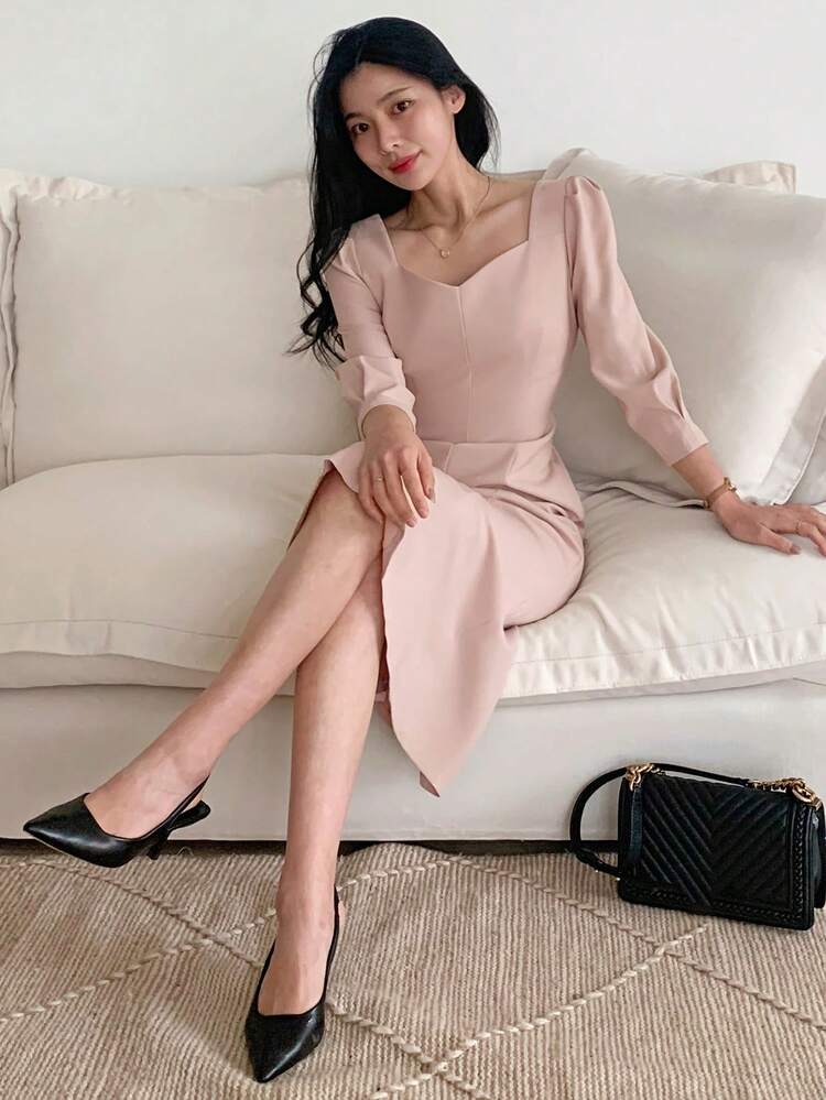 Women's Collared Waist Cinched Midi Dress, Elegant Commuter Dress In Pink Summer