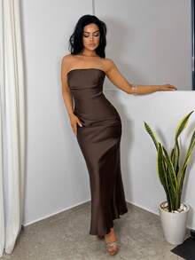 Vassilux Herbst/Winter Damen sexy minimalistisches einfarbiges cremefarbenes gelbes gerafftes rückenfreies Meerjungfrauenkleid, geeignet für Partys, Cocktailveranstaltungen, formelle Anlässe, Brautjungfernkleider, Geburtstagskleid, gelbes Satin-Abendkleid, Weihnachten, Bankett, Business-Casual braunes Hochzeitsgast-Kleid, braunes Brautjungfernkleid, Party - Kaffeebraun - Übersicht 1
