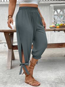 EMERY ROSE Plus Size High Waist Drawstring 7/8 Pants, Spring/Summer - Grey - View 3