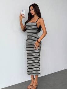 SHEIN PETITE 女士时尚度假休闲吊带连衣裙 - 黑與白 - 查看 7