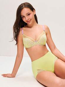 LUVLETTE Áo ngực Soft Woman Lingerie thoáng khí, có gọng, gợi cảm, không lót, giúp thu nhỏ vòng ngực, màu xanh lá nhạt và tím, ren hoa và lưới xuyên thấu, thích hợp cho đám cưới. - màu xanh lá - Xem 9