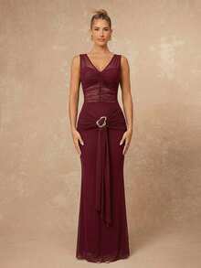 Lumalex Women's Elegant V-Neck Ruched Sleeveless Fitted Flared Maxi Dress With Metal Decor,Burgundy,Summer Dining Formal Evening Gown Wedding Guest Dress - Burgundy - View 6