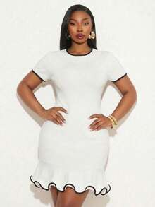 SHEIN SXY Vestido de uso diario minimalista de cuello y puños de contraste, de manga corta y cuello redondo, talla grande - Blanco - Ver 8