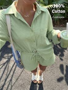 Muchica Women's Summer New Casual Vacation Green Woven Shirt & Shorts Set - Green - View 3