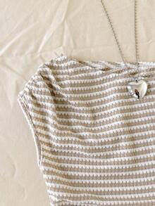 少女纹理条纹不对称肩部蝙蝠袖T恤上衣，条纹衬衫，春夏秋季穿着，通勤，优雅休闲，日常百搭 - 卡其色 - 查看 5