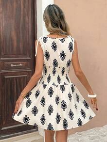 Pariaura Women's Summer New Vacation Retro Print Cinched Waist Bowknot Sleeveless Short Dress - Apricot - View 2