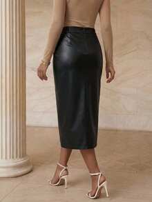 Playroots Nueva falda lápiz de cuero elegante, sexy y de alta calidad - Negro - Ver 4
